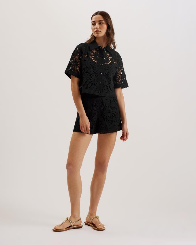 Chemises Ted Baker Floral Crochet Boxy Cropped Noir Femme | HLF-64167914